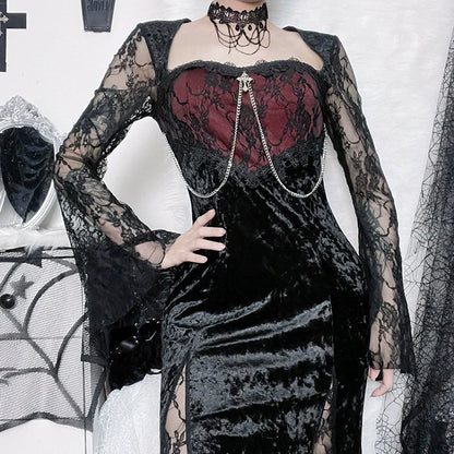 Velvet midi dress with lace splice, stylish gothic e-girl evening attire, featuring elegant design and dark, luxe fabric.