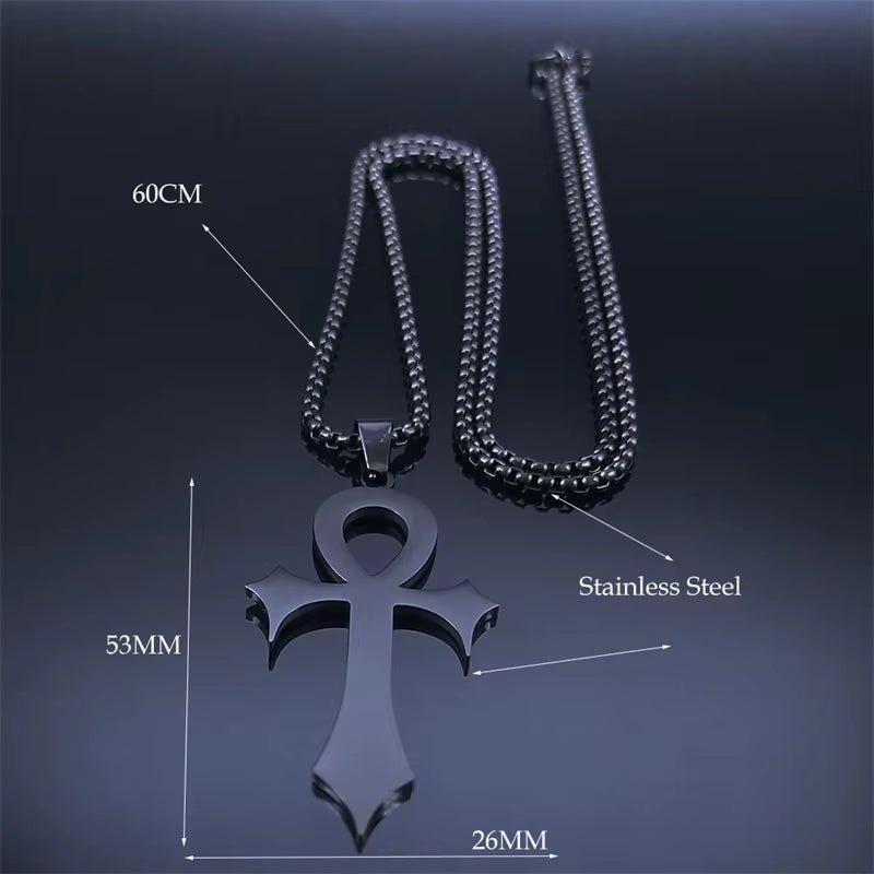 Black Gothic Egyptian Ankh necklace in stainless steel, featuring the key of life amulet, ideal religious jewelry gift.
