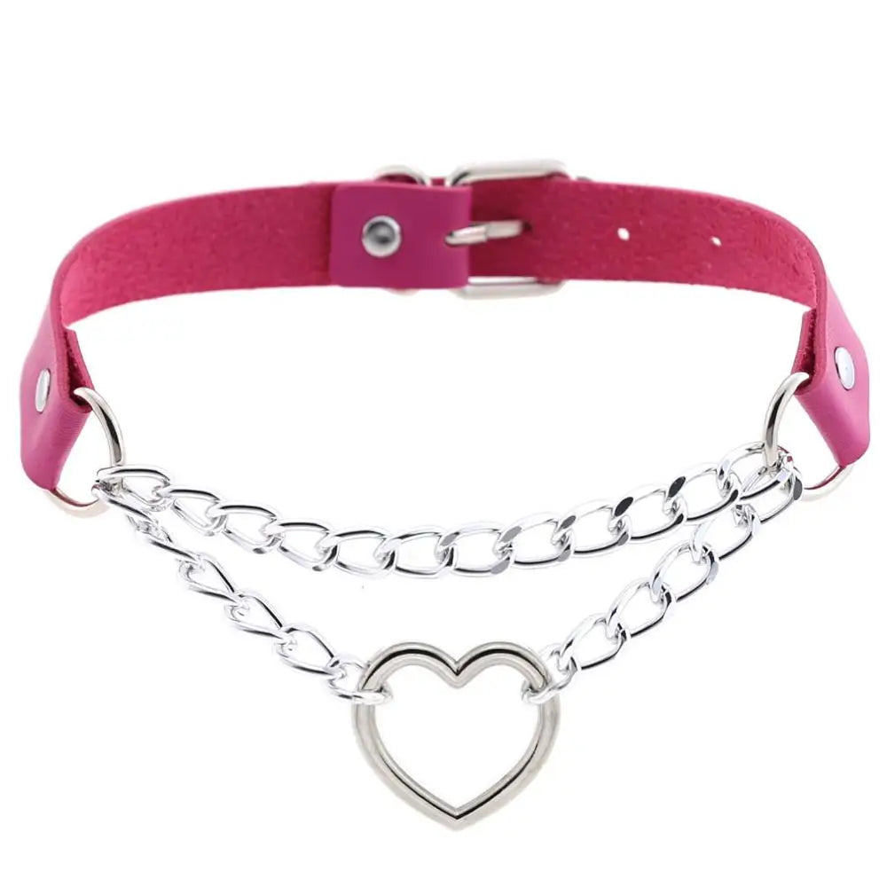 Black leather Gothic heart choker necklace with chain details, perfect for punk and emo fashion styles.