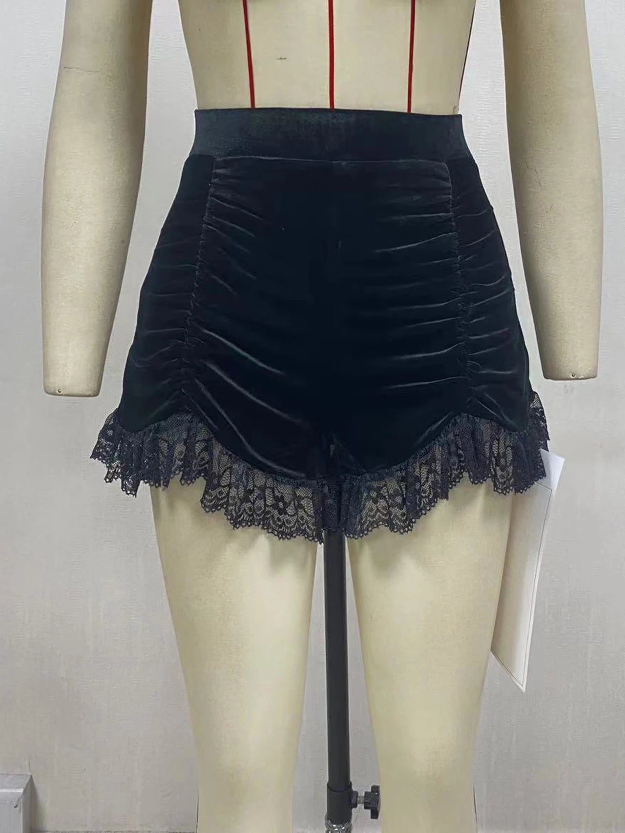 Gothic velvet ruched high waist shorts skirt with lace hem, perfect for autumn fashion and E-girl grunge style.