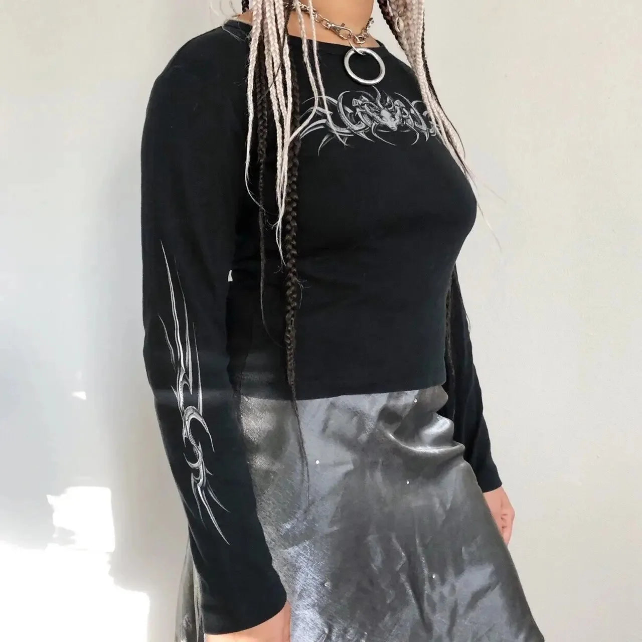 Black goth T-shirt for women with skull print, long sleeve, casual O-neck crop top, Y2K fashion style by PressureDen.