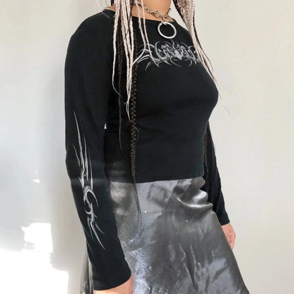 Black goth T-shirt for women with skull print, long sleeve, casual O-neck crop top, Y2K fashion style by PressureDen.