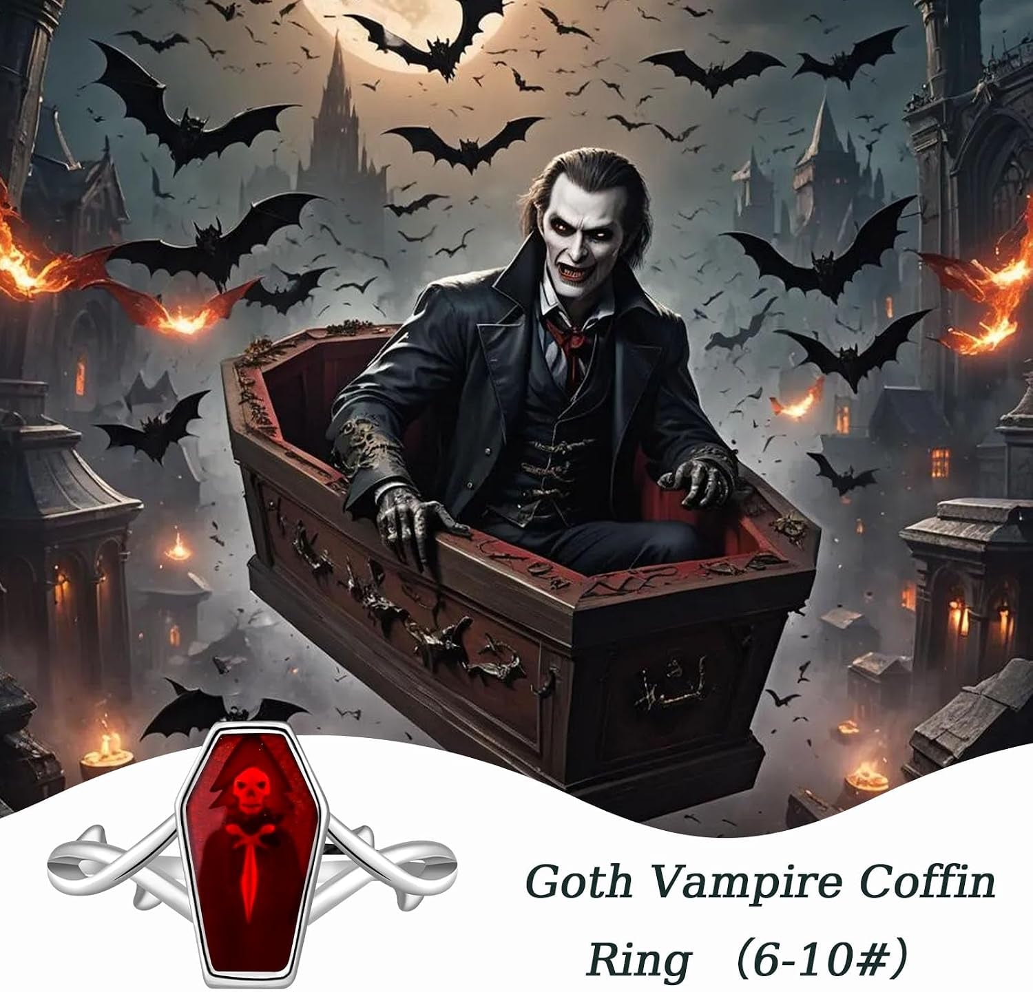 Goth Vampire Coffin Rings - 925 Sterling Silver Vintage Red Thorn Coffin Ring Charm Jewelry Gifts for Mens Women 6-10#