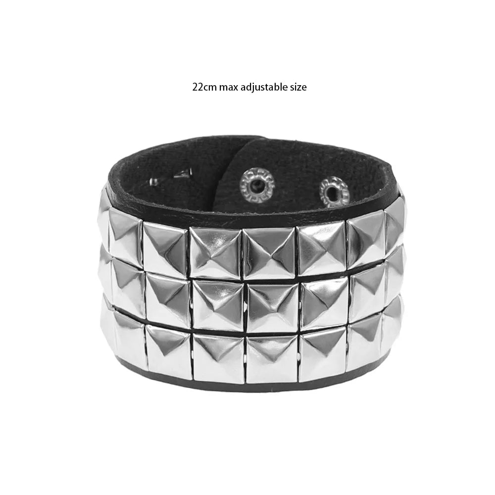 Gothic punk black leather cuff bracelet with metal rivets, unisex design, suitable for men and women.