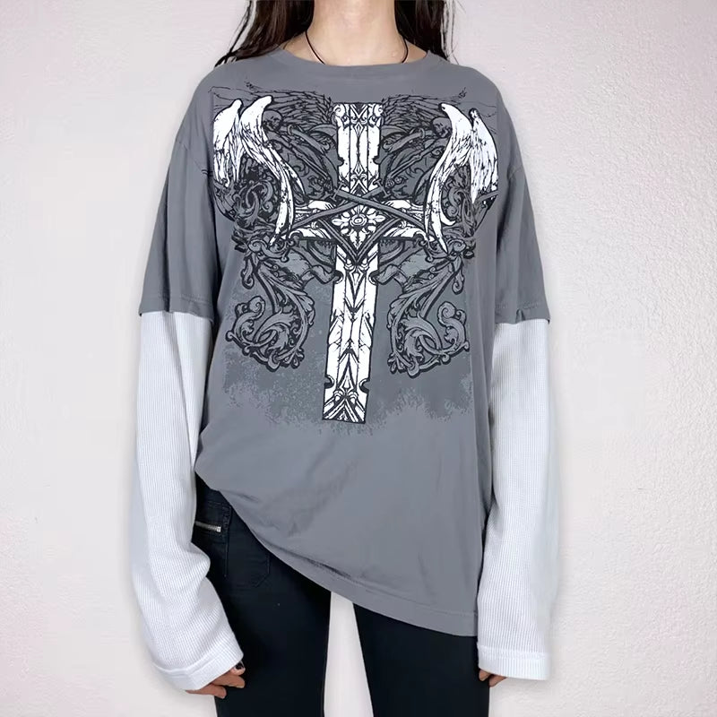 Long sleeve Y2K cyber grunge T-shirt for women with patchwork design, gothic style, featuring retro Harajuku and E-girl fashion elements.