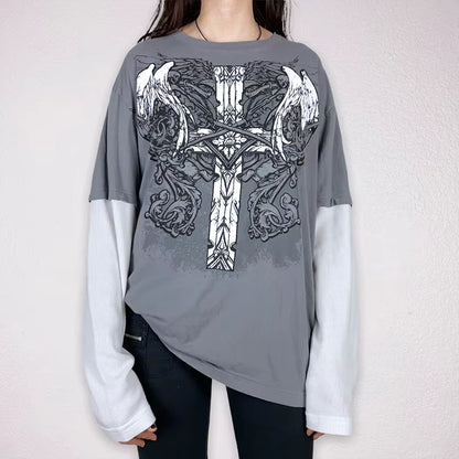 Long sleeve Y2K cyber grunge T-shirt for women with patchwork design, gothic style, featuring retro Harajuku and E-girl fashion elements.
