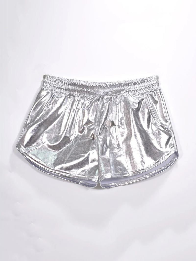Summer Festival Ready: Women's Holographic Metallic Elastic Drawstring Shorts for Effortless Style