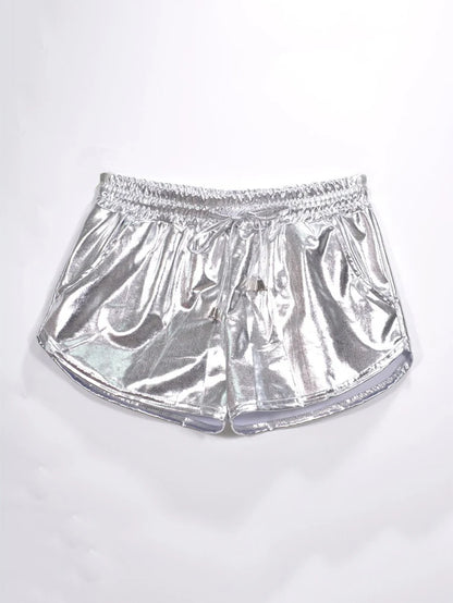 Summer Festival Ready: Women's Holographic Metallic Elastic Drawstring Shorts for Effortless Style