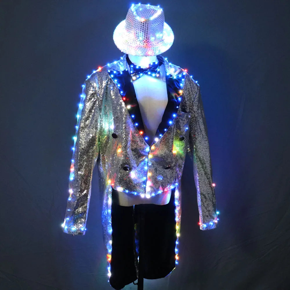 Fashion Swallowtail LED Tuxedo Luminous Costumes Glowing Vestidos LED Clothing Show Men LED Clothes Dance Accessories