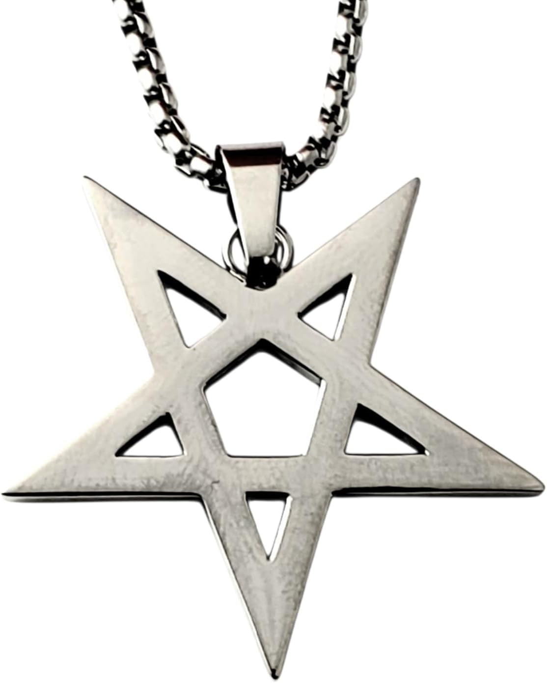 Gothic inverted pentagram necklace with occult design, featuring a silver-tone pendant for witchcraft and occult jewelry enthusiasts.