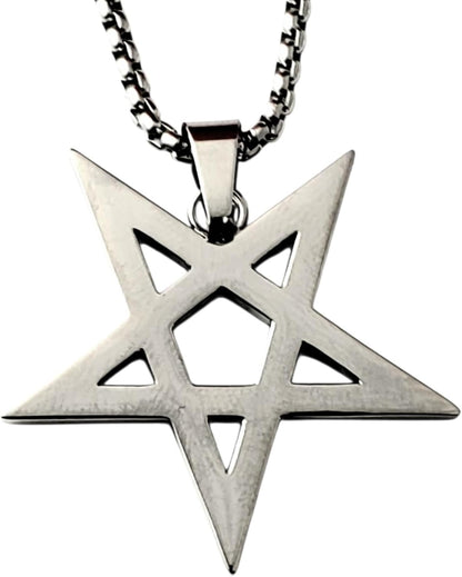 Gothic inverted pentagram necklace with occult design, featuring a silver-tone pendant for witchcraft and occult jewelry enthusiasts.