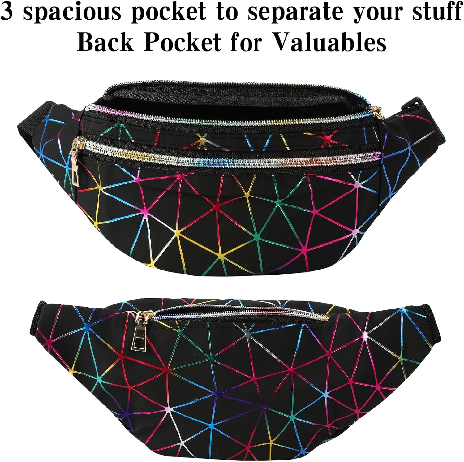 Holographic black fanny pack for women by Bicfuiot, sparkly waterproof waist bag with adjustable belt for parties and festivals.