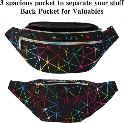 Holographic black fanny pack for women by Bicfuiot, sparkly waterproof waist bag with adjustable belt for parties and festivals.