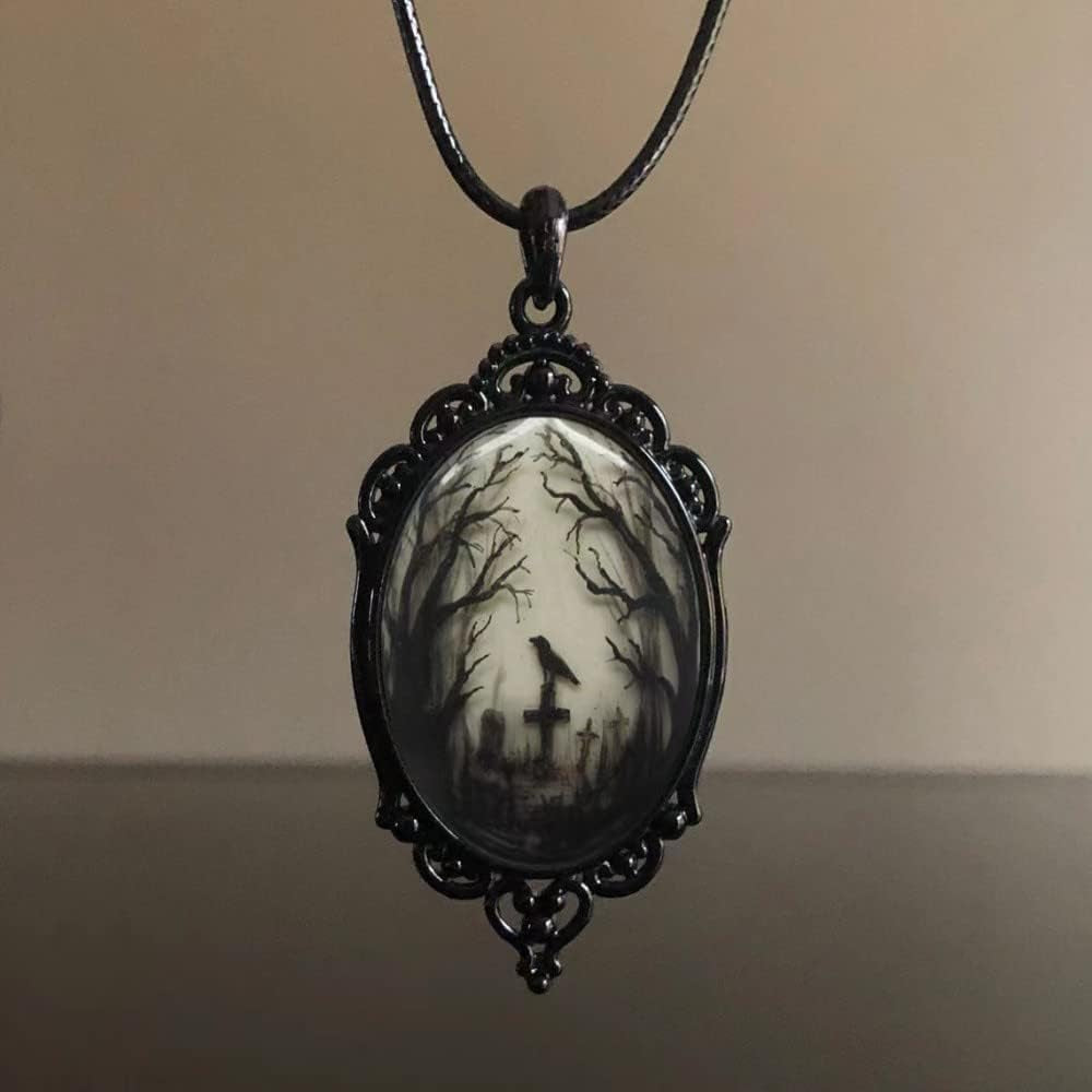 Goth Raven Cameo Necklace - Gothic Crow Pendant, Vintage Halloween Witch Jewelry for Women