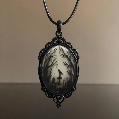 Goth Raven Cameo Necklace - Gothic Crow Pendant, Vintage Halloween Witch Jewelry for Women