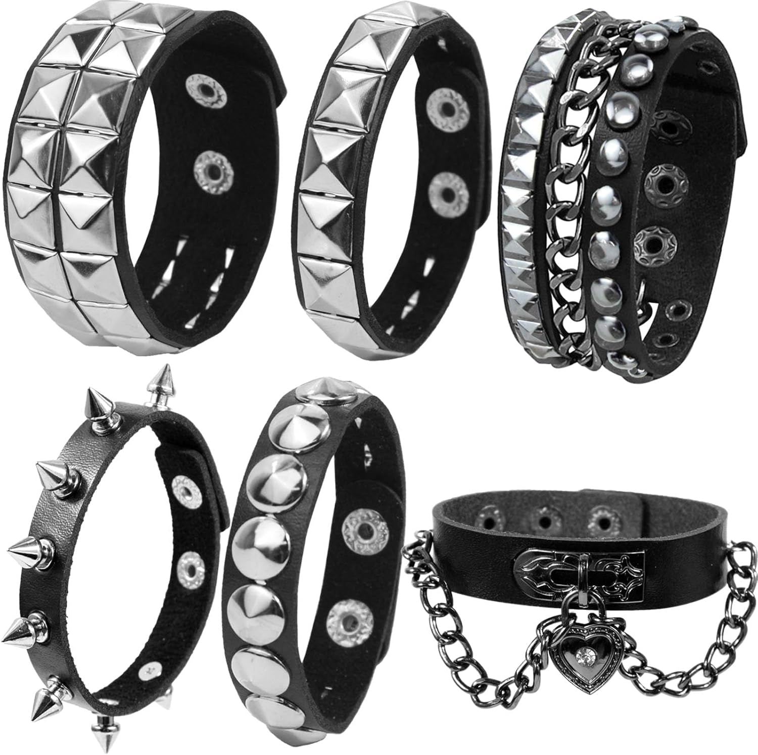 6 PCS Leather Bracelets for Men Women Punk Goth Rock Spiked 80S Stuff Cool Metal Studded Accessories Black Cuff Wristband for Party Cosplay Night Club Sexy Gift Halloween