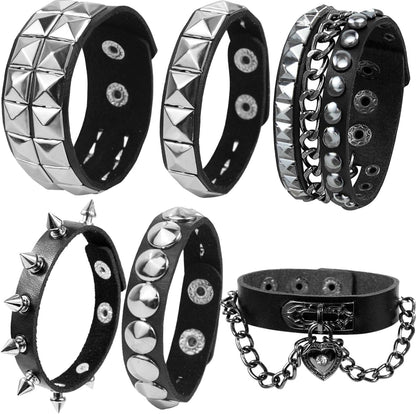 6 PCS Leather Bracelets for Men Women Punk Goth Rock Spiked 80S Stuff Cool Metal Studded Accessories Black Cuff Wristband for Party Cosplay Night Club Sexy Gift Halloween
