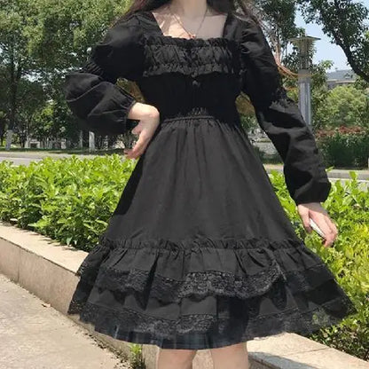 Kawaii Harajuku Y2K cyber alt ruffle dress featuring gothic mini style, ideal for e-girls and fairycore fashion.