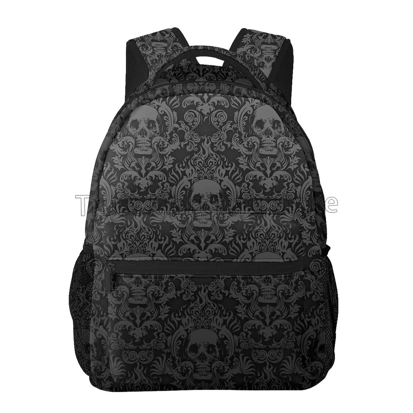 Gothic black skull damask backpack with unisex design, casual laptop bag featuring skull and damask pattern for school and travel.