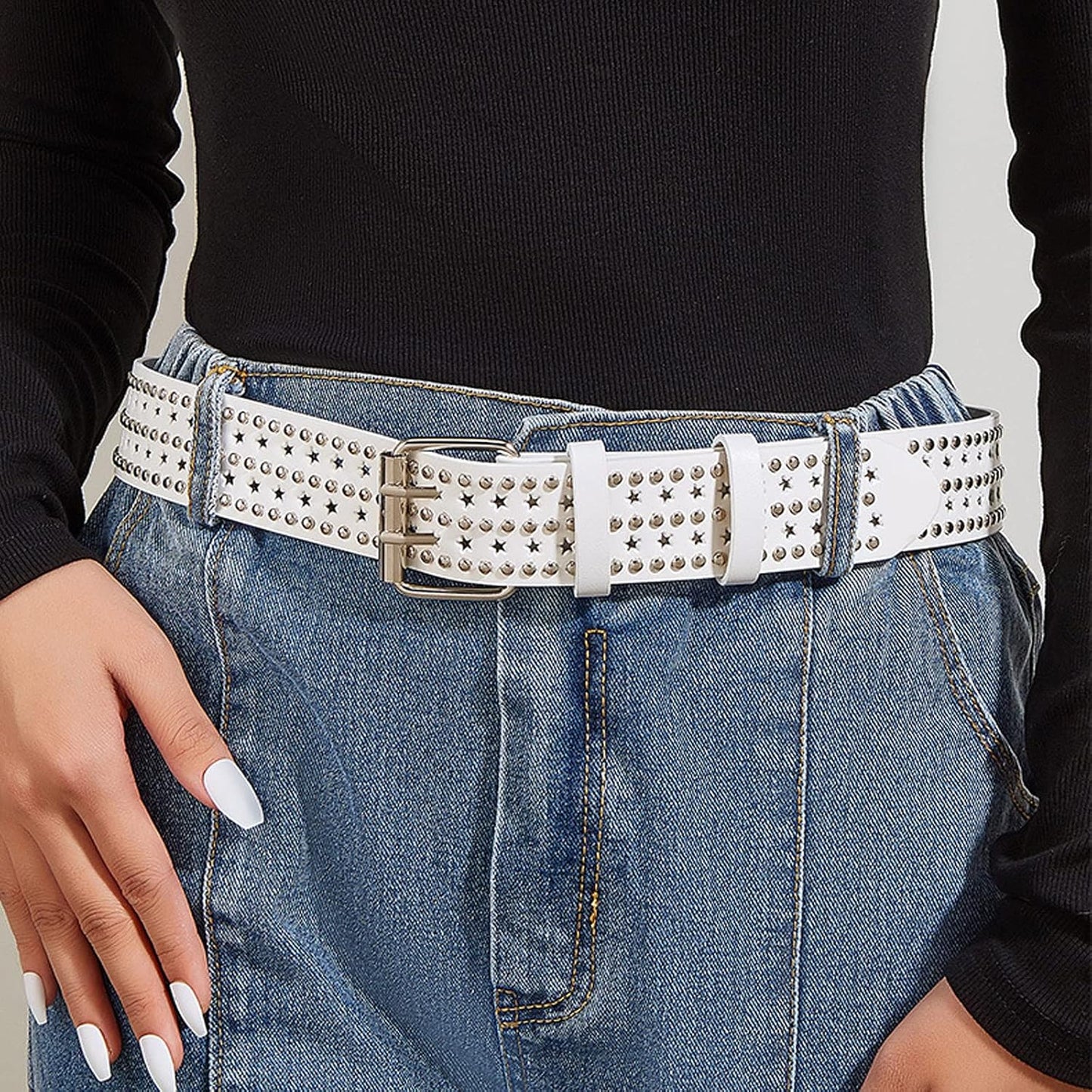 Double Grommet Leather Belt for Women Men Goth Studded Belt Punk Jeans Y2K Belt