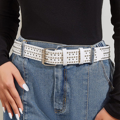 Double Grommet Leather Belt for Women Men Goth Studded Belt Punk Jeans Y2K Belt