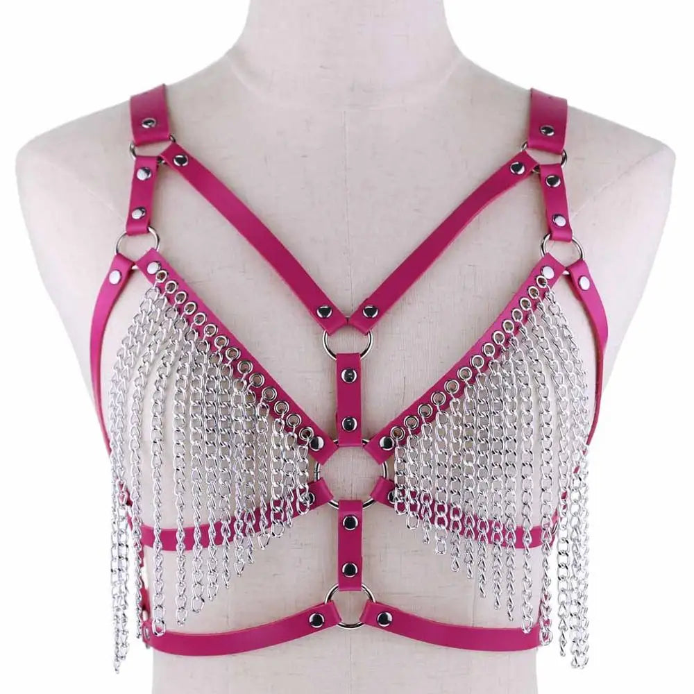 Leather Chain Harness Body Chain Bra Goth Punk Sexy Chain Top Women Body Jewelry Summer Festival Fashion Rave Outfit