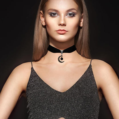 Gothic Black Velvet Moon Crystal Choker Necklace for Women,Black Choker Moon Necklace Vintage Punk Crescent Necklaces Goth Jewelry Witch Costume Accessories