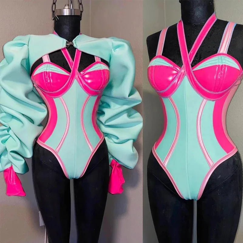 Vibrant Pink and Green Color-Blocked Bodysuit with Bold Bubble Sleeves for Dazzling Drag Performances and Nightclub Nights