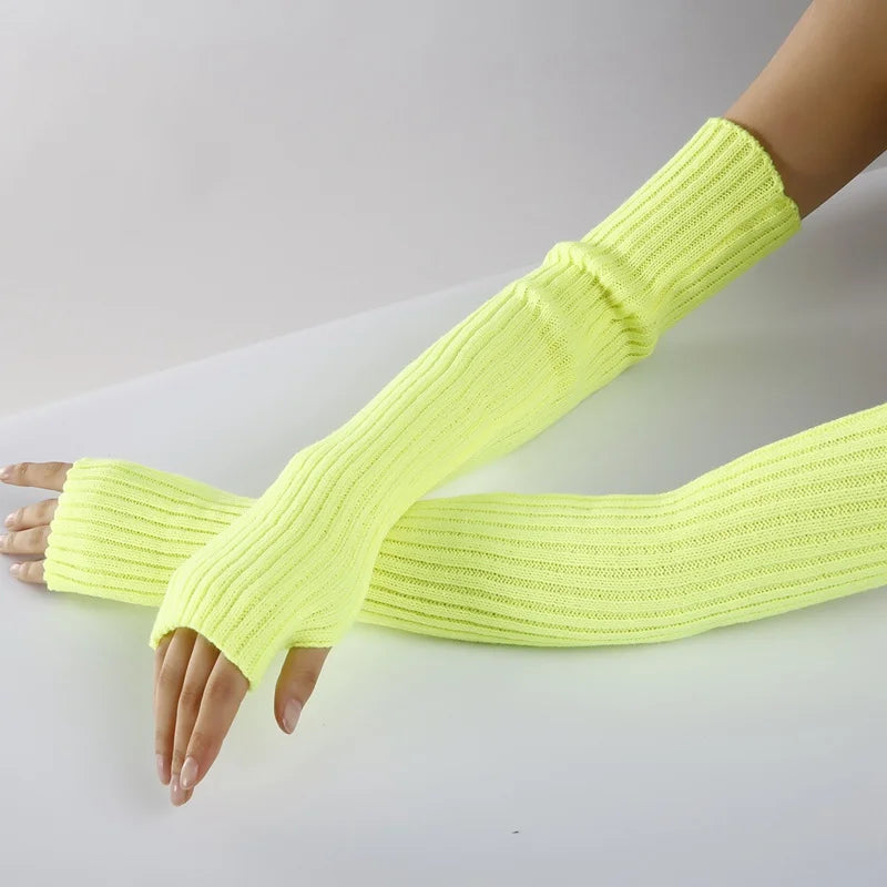 Chic long fingerless gloves for women, winter warm knitted arm sleeves in casual soft gothic punk style.