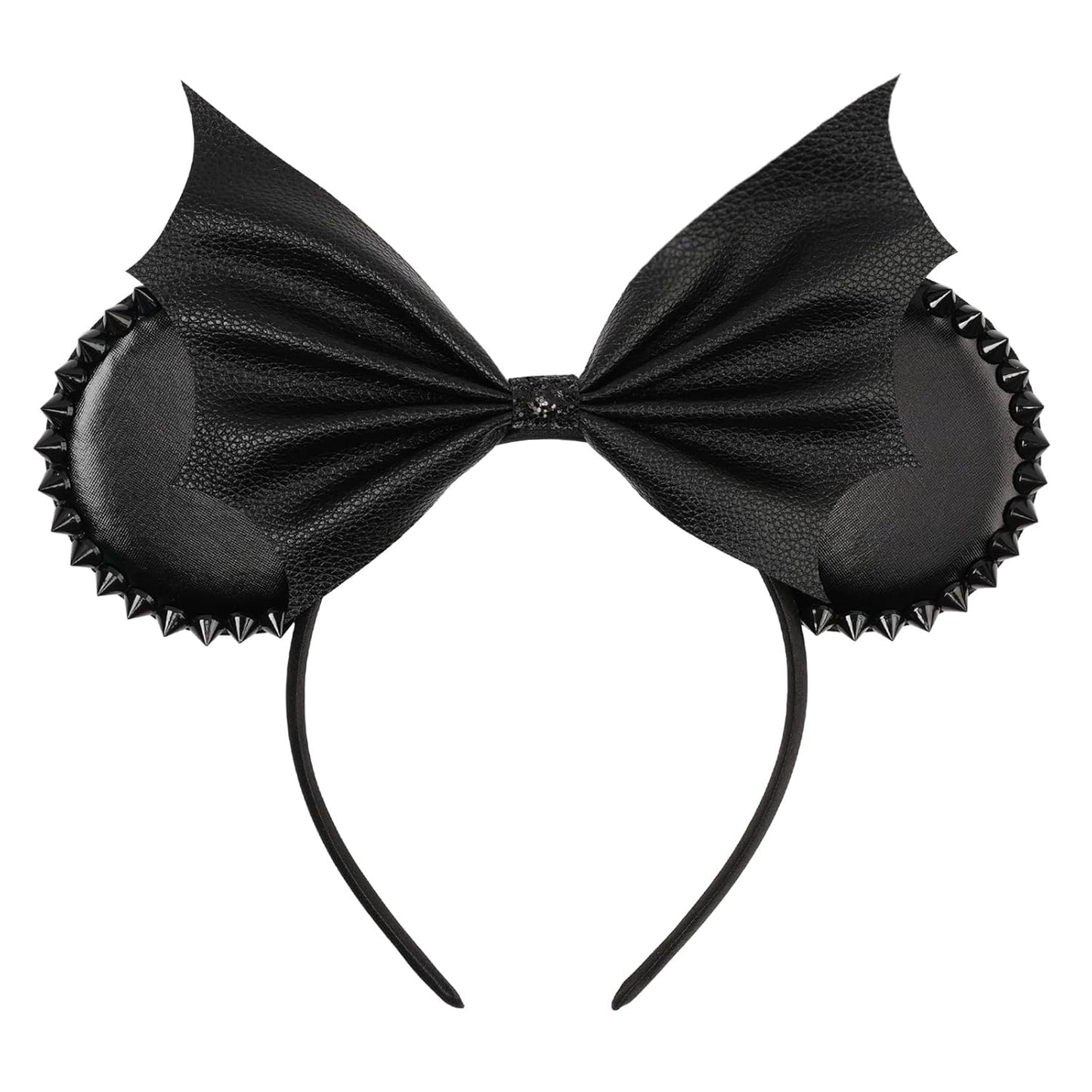 Bianbai Black Faux Leather Mouse Ear Headband with Bat - Wing Bow & Spiked Accents - Goth - Punk Halloween, Cosplay & Theme Park Essential