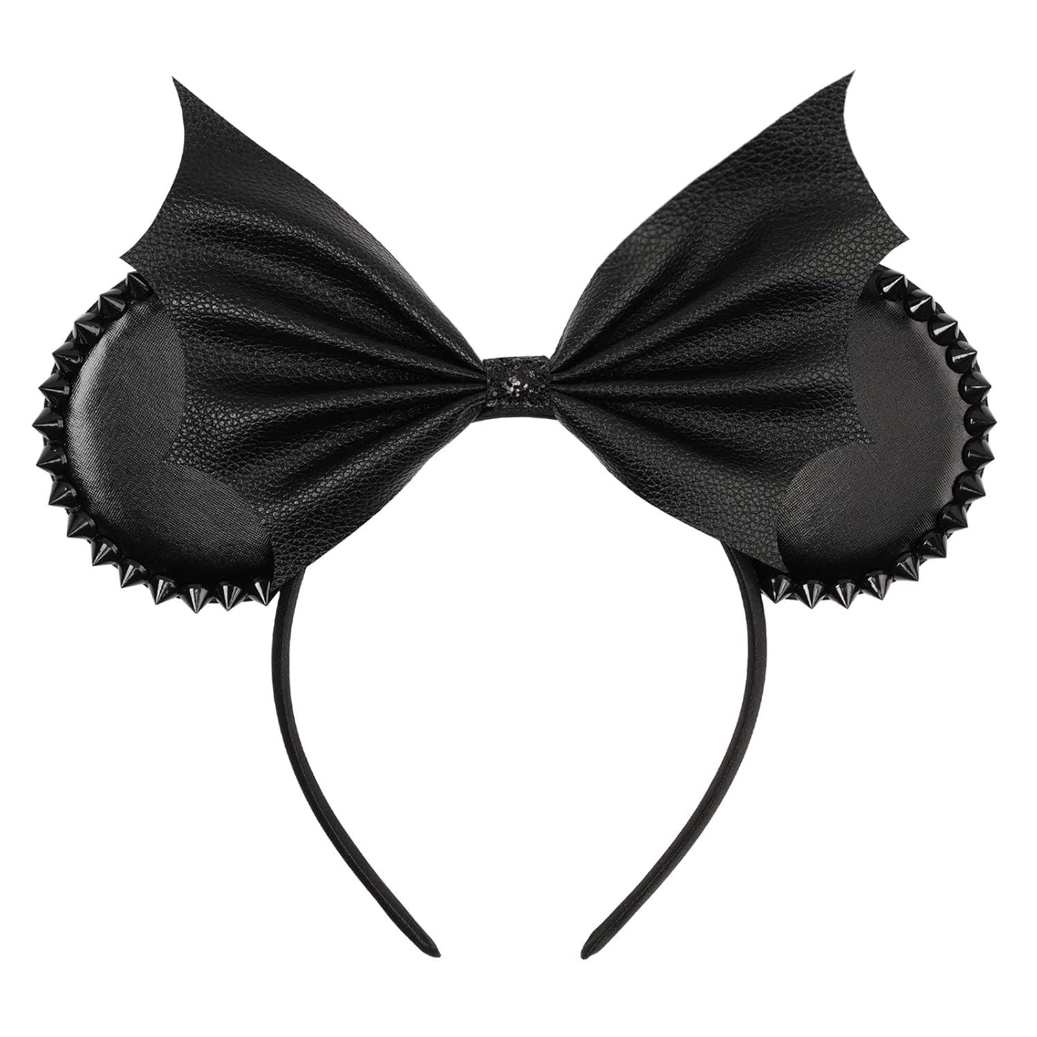 Bianbai Black Faux Leather Mouse Ear Headband with Bat - Wing Bow & Spiked Accents - Goth - Punk Halloween, Cosplay & Theme Park Essential