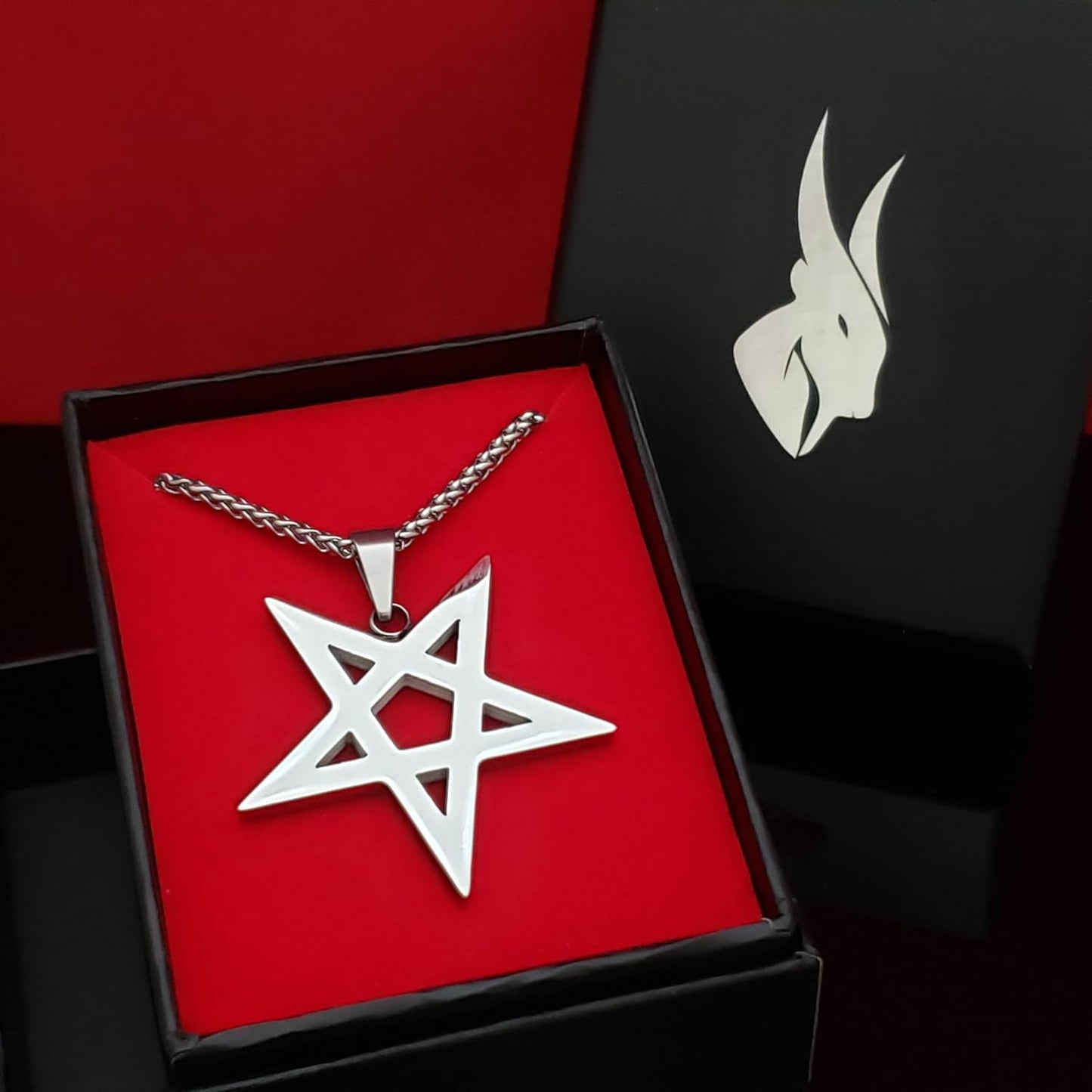 Inverted pentagram necklace with gothic design, gothic occult jewelry for witchcraft lovers, black metal chain and detailed pendant.
