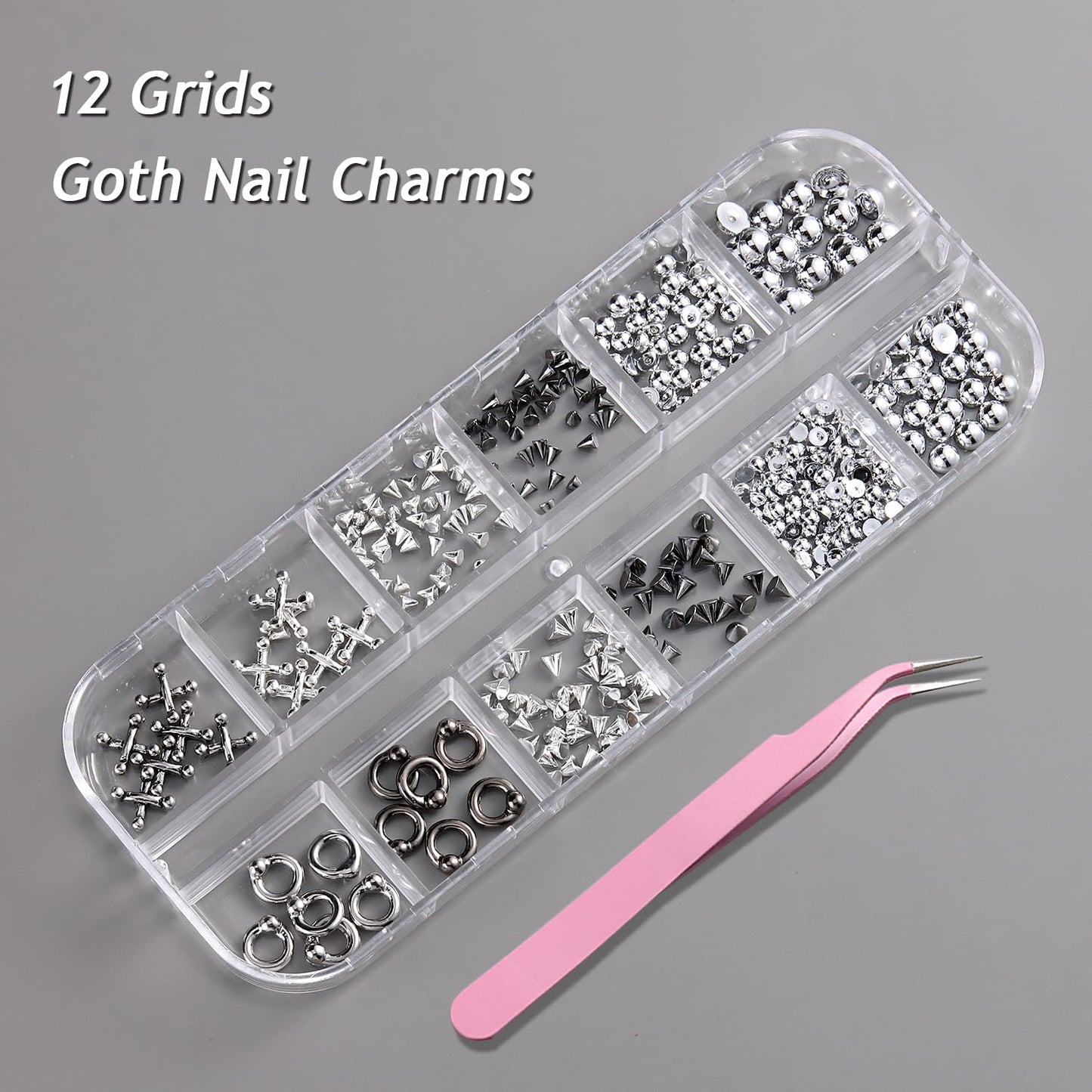 Gothic punk nail charms with 3D triangle and spike designs, black rivets, and silver alloy accessories for edgy DIY manicures.