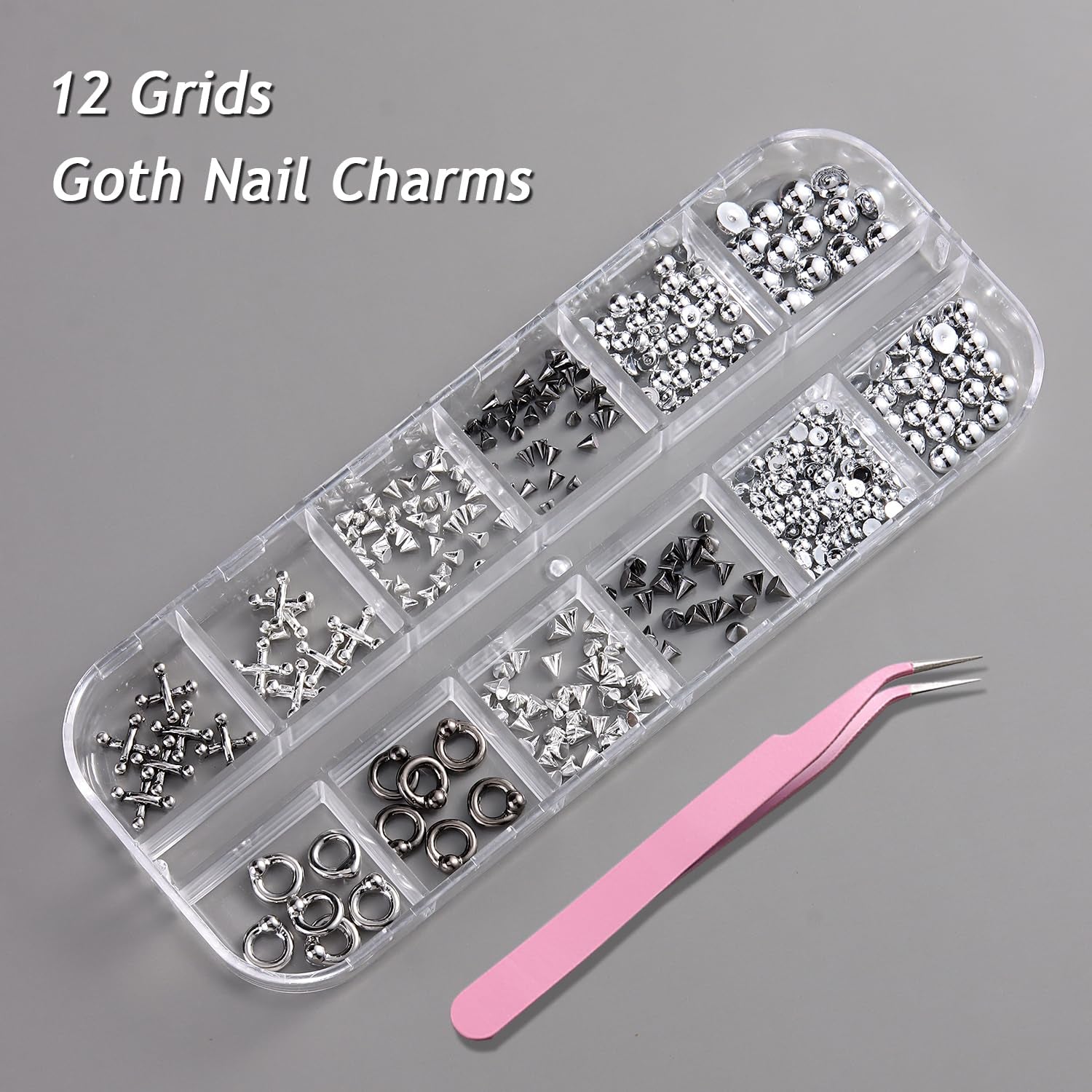 Gothic punk nail charms with 3D triangle and spike designs, black rivets, and silver alloy accessories for edgy DIY manicures.