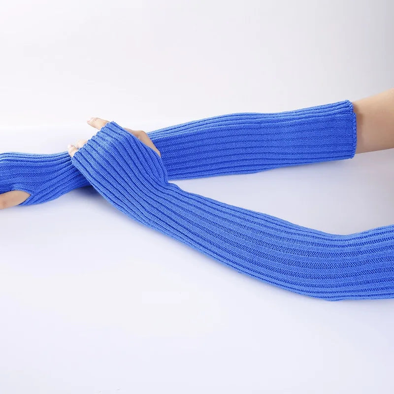 Soft knitted long fingerless gloves for women, winter warmer arm sleeves in casual gothic punk style, by PressureDen.store