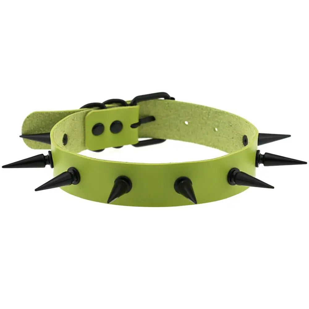 Black vegan leather choker necklace with spiked design, ideal for goth, witch, and cosplay fashion styles.