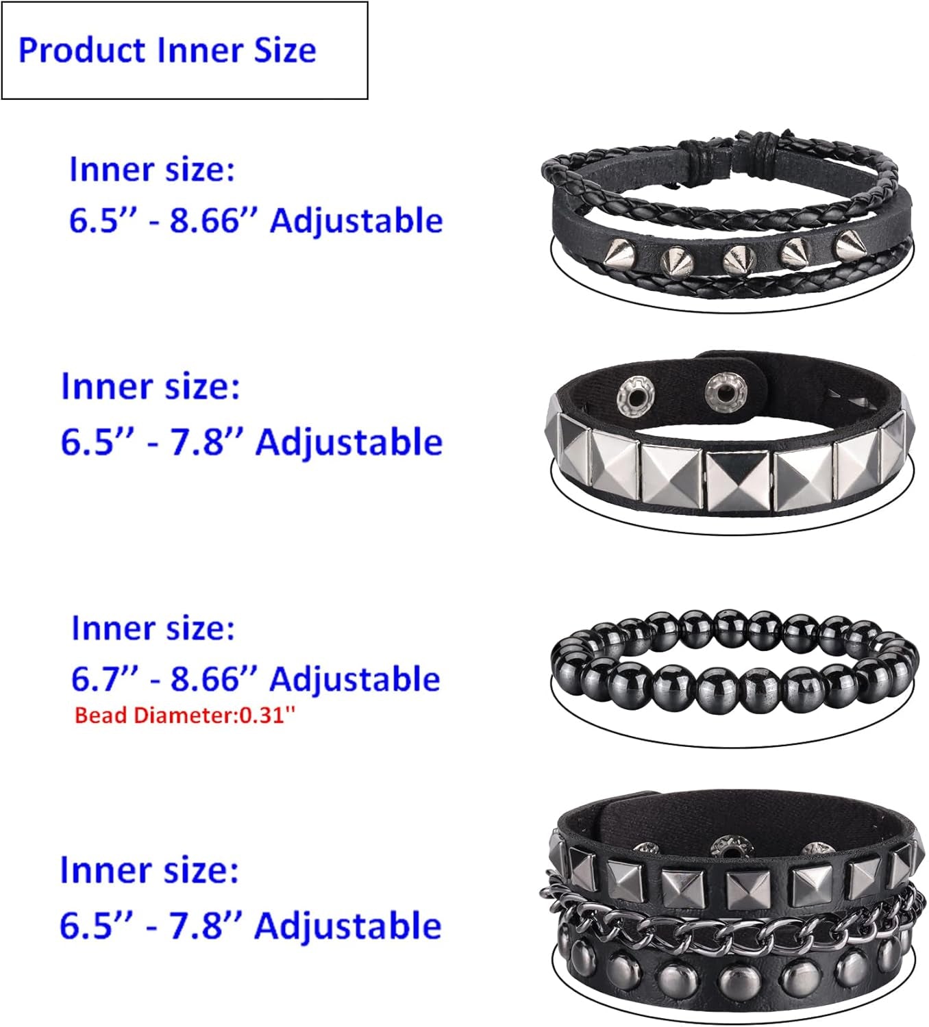 4 Pcs Punk Rock Leather Studded Bracelets for Men Women 80S Gothic Spike Cuff Bracelet Set Emo Accessories for Rocker Outfits