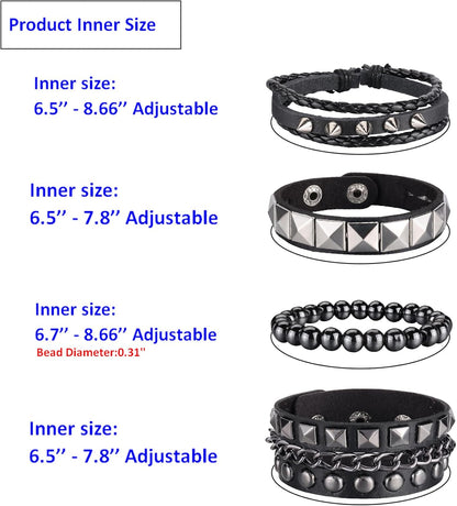 4 Pcs Punk Rock Leather Studded Bracelets for Men Women 80S Gothic Spike Cuff Bracelet Set Emo Accessories for Rocker Outfits