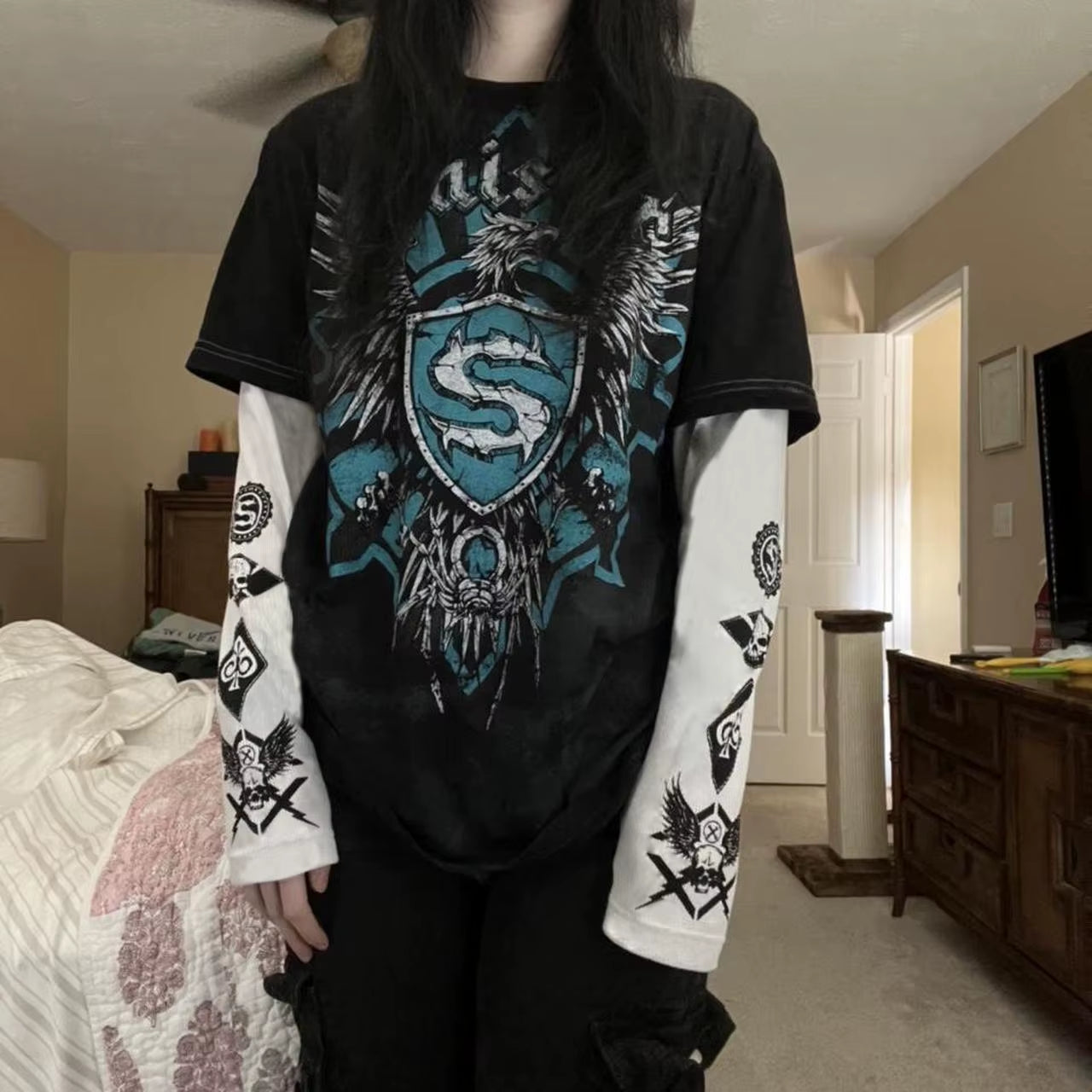 Women's Y2K cyber grunge long sleeve T-shirt with patchwork design, gothic style top featuring retro Harajuku influences.