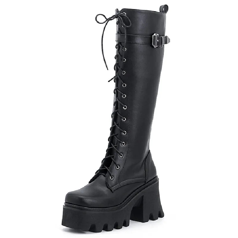 Black PU leather chunky platform knee-high goth punk boots for women with lace-up design and winter rain-resistant features.