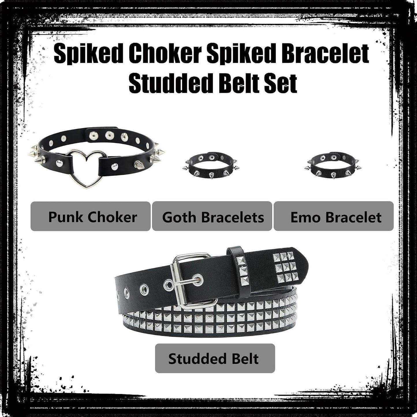 Black studded belt and spiked accessories set by YMO featuring edgy punk style with metal studs and spikes.