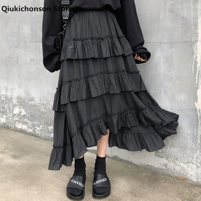 Gothic Lolita high waisted asymmetrical midi skirt with ruffles, summer long maxi skirt for women, black and lace details