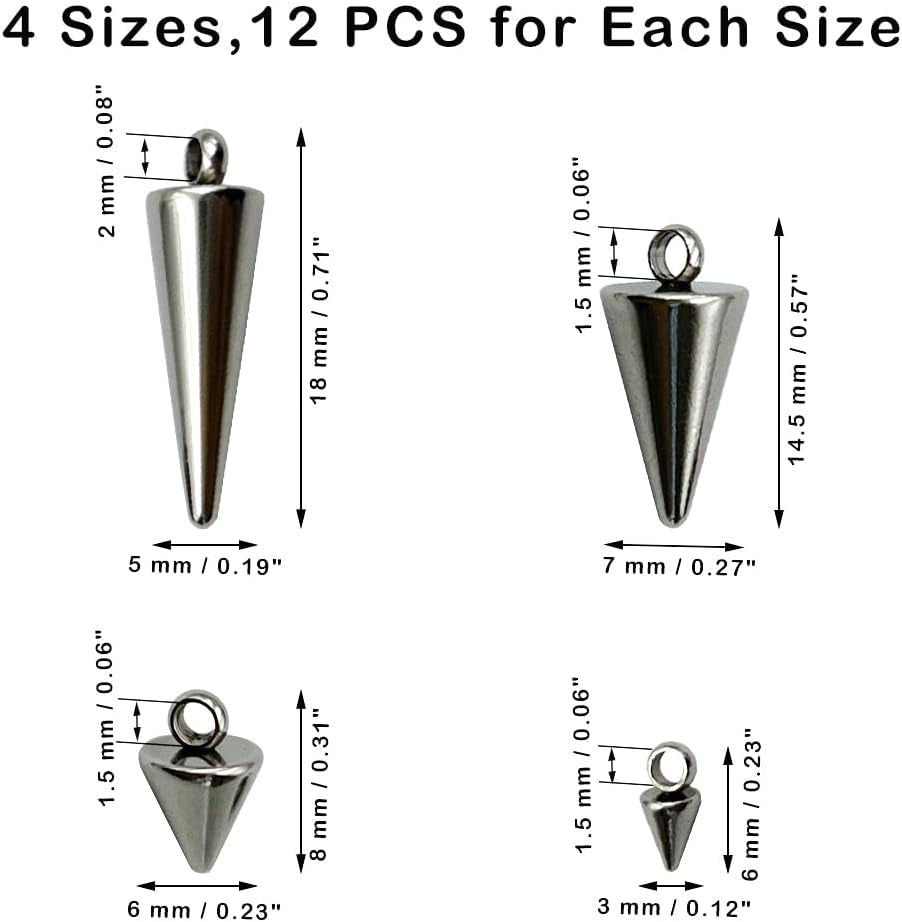 about 48Pcs 4 Size Spike Beads Stainless Steel Charms Cone Pendants Gothic Charms for Jewelry Making Necklace Bracelet Earrings DIY Craft