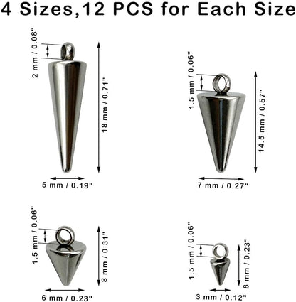 about 48Pcs 4 Size Spike Beads Stainless Steel Charms Cone Pendants Gothic Charms for Jewelry Making Necklace Bracelet Earrings DIY Craft