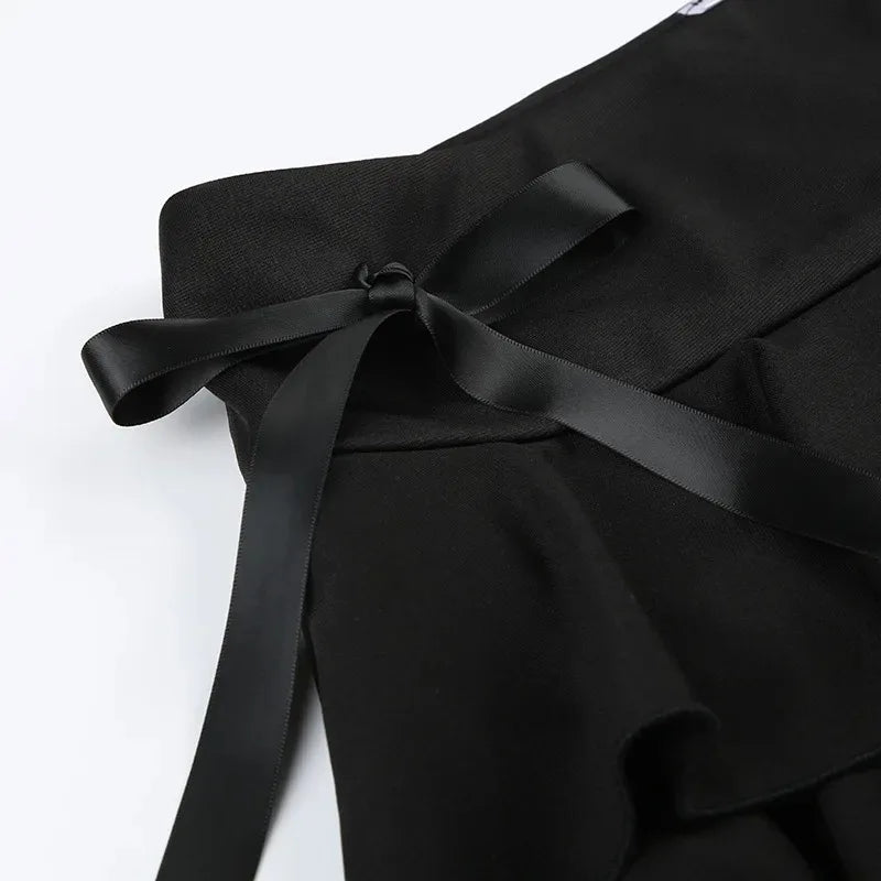 Black lace trim bow A-line mini skirt for women, trendy goth Y2K style, Korean streetwear fashion by PressureDen.store