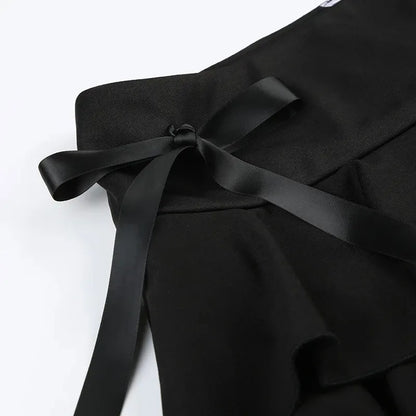 Black lace trim bow A-line mini skirt for women, trendy goth Y2K style, Korean streetwear fashion by PressureDen.store