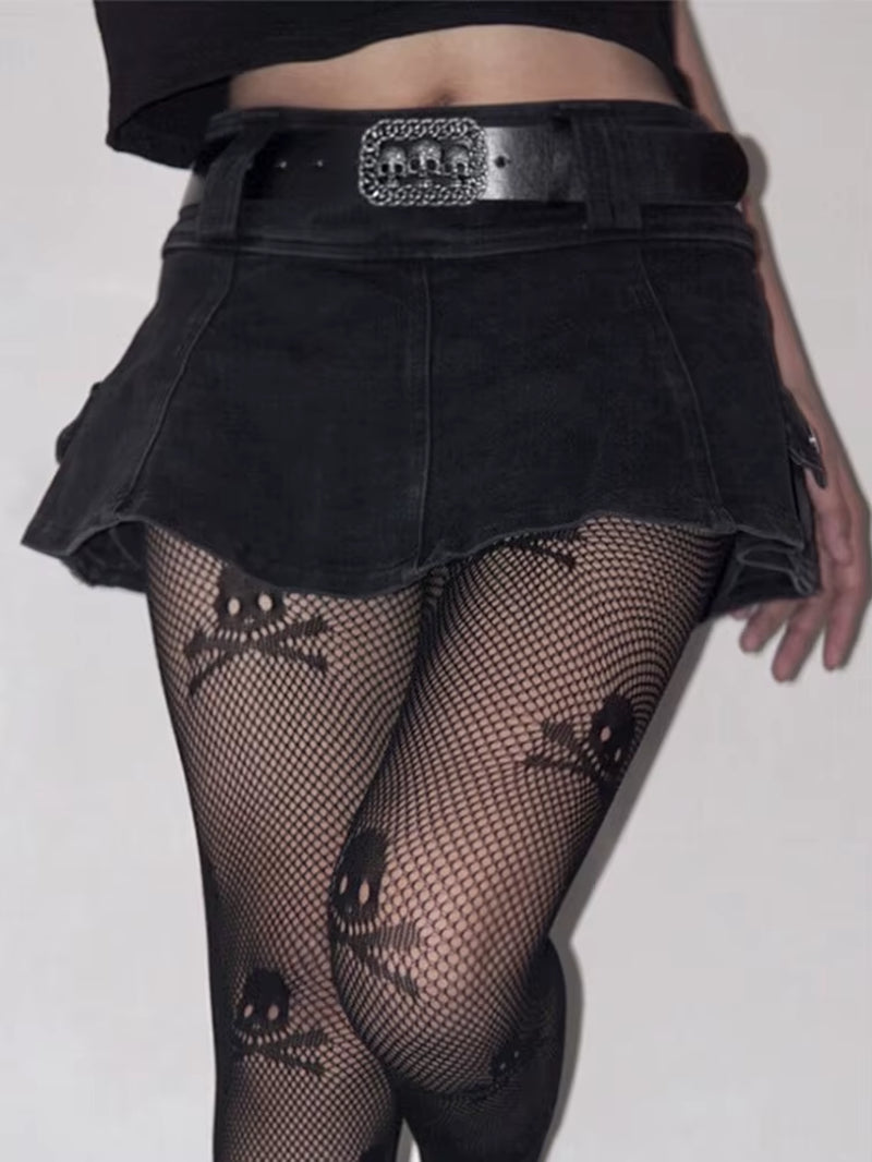 Dark gothic mini skirt with skull belt, edgy Harajuku Y2K punk grunge style, trendy clubwear for women.