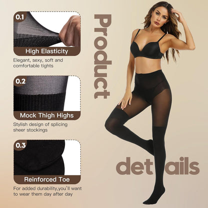 MANZI women's black faux thigh high opaque tights, over-the-knee goth stockings, providing warmth and stylish fashion for women.