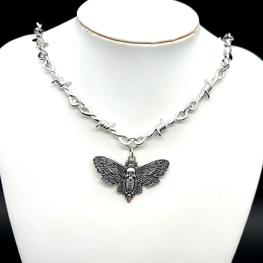 Goth Moth Skull Barbed Wire Cross Pendant Choker Necklace Punk Hip Hop Jewelry Y2K Vampire Little Thorns Chain Choker Gift