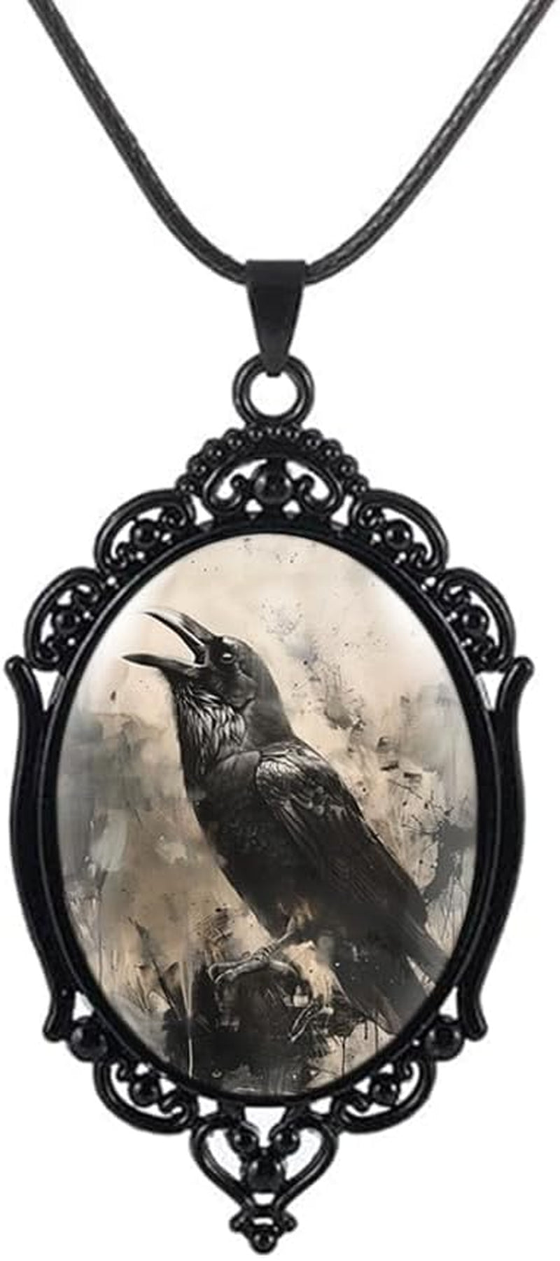 Goth Raven Cameo Necklace - Gothic Crow Pendant, Vintage Halloween Witch Jewelry for Women